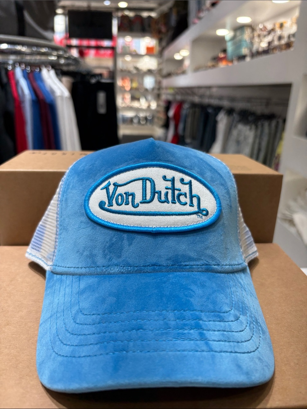 Von Dutch Light Blue Velour Trucker Hat with White Patch